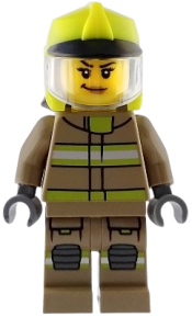 LEGO Fire - Female, Dark Tan Jacket and Legs with Reflective Stripes, Neon Yellow Fire Helmet, Trans-Clear Visor, Nougat Lips Smirk set