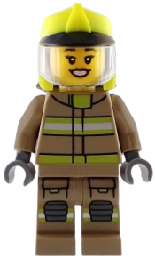 LEGO Fire - Female, Dark Tan Jacket and Legs with Reflective Stripes, Neon Yellow Fire Helmet, Trans-Clear Visor, Open Mouth Smile set