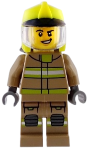 LEGO Fire - Male, Dark Tan Jacket and Legs with Reflective Stripes, Neon Yellow Fire Helmet, Trans-Clear Visor, Scuff Mark set