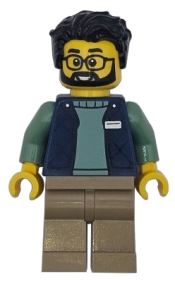 LEGO Delivery Worker - Male, Dark Blue Bodywarmer over Sand Green Sweater, Dark Tan Legs, Black Hair set