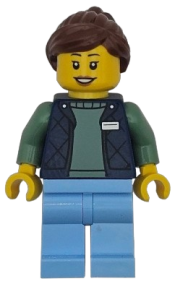 LEGO Delivery Worker - Female, Dark Blue Bodywarmer over Sand Green Sweater, Bright Light Blue Legs, Reddish Brown Hair, Hearing Aid set