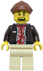 LEGO Taxi Driver - Male, Dark Brown Jacket over Red Hawaiian Shirt, Tan Legs, Reddish Brown Flat Cap set