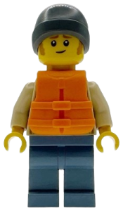 LEGO Man - Tan Knit Cable Sweater, Orange Life Jacket, Sand Blue Legs, Dark Bluish Gray Beanie set