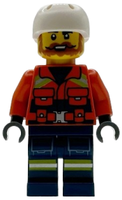 LEGO Coast Guard City - Male, Reddish Orange Jacket with Pockets and Reflective Stripes, Dark Blue Legs with Pockets and Reflective Stripes, White Sports Helmet set