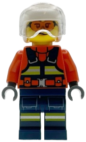 LEGO Coast Guard City Helicopter Pilot - Female, Reddish Orange Jacket with Dark Blue Safety Vest, Dark Blue Legs with Pockets and Reflective Stripes, White Flight Helmet set