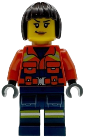 LEGO Coast Guard City - Female, Reddish Orange Jacket with Pockets and Reflective Stripes, Dark Blue Legs with Pockets and Reflective Stripes, Dark Brown Bob Cut Hair set