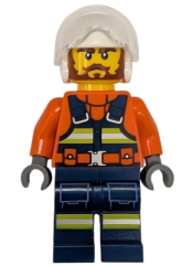 LEGO Coast Guard City Helicopter Pilot - Male, Reddish Orange Jacket with Dark Blue Safety Vest, Dark Blue Legs with Pockets and Reflective Stripes, White Flight Helmet set