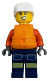 LEGO Coast Guard City - Female, Reddish Orange Jacket with Pockets and Reflective Stripes, Dark Blue Legs with Pockets and Reflective Stripes, Orange Life Jacket, White Sports Helmet set