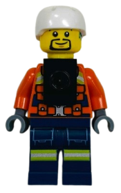 LEGO Coast Guard City - Male, Reddish Orange Jacket with Pockets and Reflective Stripes, Dark Blue Legs with Pockets and Reflective Stripes, White Sports Helmet, Black Neck Bracket set