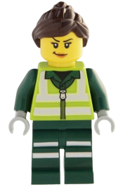 LEGO Recycling Worker - Female, Lime Safety Jacket with Reflective Stripes, Dark Green Legs with Reflective Stripes, Dark Brown Ponytail and Swept Sideways Fringe set