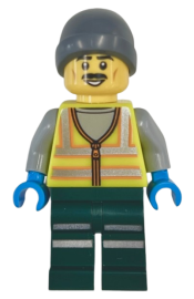 LEGO Snowplow Driver - Male, Neon Yellow Safety Vest with Reflective Stripes, Dark Green Legs with Reflective Stripes, Gray Beanie set