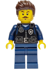 LEGO Police - City Officer Male, Black Safety Vest with Silver Star Badge Logo, Dark Blue Legs, Dark Brown Wavy Hair set