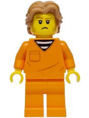 LEGO Police - City Jail Prisoner Male, Orange Prison Jumpsuit, Medium Nougat Wavy Hair, Sideburns, Orange Glasses set