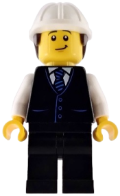 LEGO Construction Engineer / Architect - Male, Black Vest with Blue Striped Tie, Black Legs, White Construction Helmet with Dark Brown Hair, Lopsided Grin set