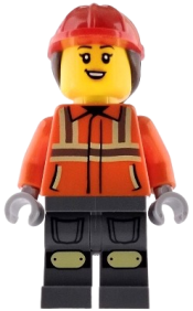 LEGO Construction Worker - Female, Reddish Orange Safety Jacket with Reflective Stripes, Dark Bluish Gray Legs, Red Construction Helmet with Dark Brown Ponytail Hair, Open Mouth Smile with Top Teeth set