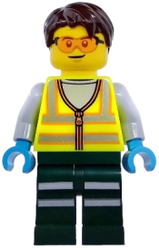 LEGO Service Truck Driver - Male, Neon Yellow Safety Vest with Reflective Stripes, Dark Green Legs with Reflective Stripes, Dark Brown Hair set