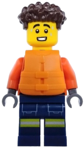 LEGO Coast Guard City - Male, Reddish Orange Jacket with Pockets and Reflective Stripes, Dark Blue Legs with Pockets and Reflective Stripes, Orange Life Jacket, Dark Brown Hair set