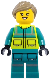 LEGO Paramedic - Female, Dark Turquoise and Neon Yellow Safety Vest, Legs with Silver Reflective Stripes, Dark Tan Hair set
