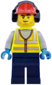 LEGO Airport Worker - Male, Neon Yellow Safety Vest with Reflective Stripes, Dark Blue Legs, Red Construction Helmet with Black Ear Protectors / Headphones, Stubble set