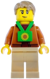 LEGO Plane Passenger - Male, Dark Orange Jacket, Tan Legs, Bright Green Sunflower Lanyard, Dark Tan Hair set