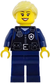 LEGO Airport Security Guard - Female, Black Safety Vest with Silver Star Badge Logo, Dark Blue Legs, Bright Light Yellow Hair Ponytail set