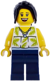 LEGO Plane Passenger - Female, White Sleeveless Top with Lime Palm Leaves, Dark Blue Legs, Black Hair Ponytail set