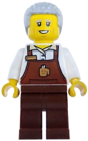 LEGO Barista - Male, Reddish Brown Apron with Cup and Name Tag, Reddish Brown Legs, Light Bluish Gray Hair Coiled set