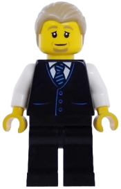 LEGO Air Traffic Controller - Male, Black Vest with Blue Striped Tie, Black Legs, Dark Tan Hair Combed set