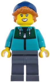 LEGO Plane Passenger - Female, Dark Turquoise Jacket with Dark Green Panel, Dark Bluish Gray Legs, Dark Blue Beanie set