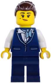 LEGO Flight Attendant - Female, Dark Blue Vest, Dark Blue Legs, Dark Brown Hair Bun set