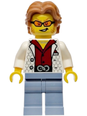 LEGO Police - City Bandit Crook Male, White Vest, Medium Nougat Wavy Hair, Sideburns, Orange Glasses set