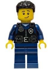 LEGO Police - City Officer Male, Black Safety Vest with Silver Star Badge Logo, Dark Blue Legs, Black Coiled Hair set