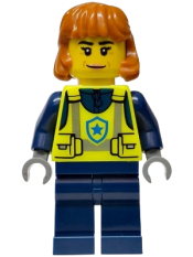 LEGO Police - City Officer Female, Neon Yellow Safety Vest, Dark Blue Legs, Dark Orange Mid Length Hair, Closed Mouth Smile set