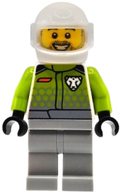 LEGO Race Car Driver - Male, Lime Racing Suit with Leopard Logo, Light Bluish Gray Legs, White Helmet, Trans-Clear Visor, Beard Stubble, Open Mouth Smile set