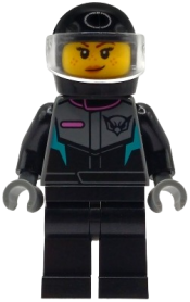 LEGO Jet Pilot - Female, Racing Suit with Hawk Head Logo, Black Legs, Black Helmet, Trans-Clear Visor, Smirk / Wink set