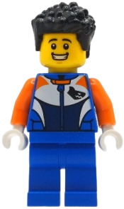 LEGO Bike Racer - Male, Racing Suit with Shark Head Logo, Blue Legs, Black Hair Short set