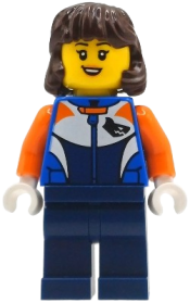 LEGO Bike Racer - Female, Racing Suit with Shark Head Logo, Dark Blue Legs, Dark Brown Hair Mid-Length set