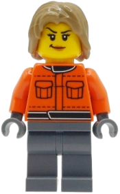 LEGO Formula 1 Pit Crew Member - Female, Reddish Orange Racing Suit with Pockets, Dark Bluish Gray Legs, Dark Tan Tousled Hair set