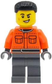 LEGO Formula 1 Pit Crew Member - Male, Reddish Orange Racing Suit with Pockets, Dark Bluish Gray Legs, Black Hair, Scuff Mark set