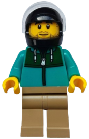 LEGO Stunt Driver - Male, Dark Turquoise Jacket with Dark Green Panel, Dark Tan Legs, Black Helmet, Trans-Clear Visor set