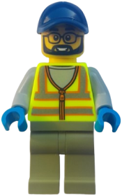 LEGO Street Sweeper - Male, Neon Yellow Safety Vest with Reflective Stripes, Olive Green Legs, Dark Blue Cap set