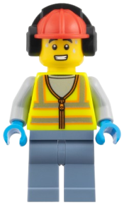 LEGO Airport Worker - Male, Neon Yellow Safety Vest with Reflective Stripes, Sand Blue Legs, Red Construction Helmet with Black Ear Protectors / Headphones set