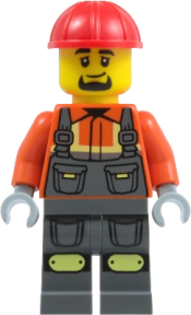 LEGO Construction Worker - Male, Dark Bluish Gray Overalls over Reddish Orange Safety Jacket with Reflective Stripes, Dark Bluish Gray Legs with Knee Pads, Red Construction Helmet, Goatee set