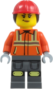 LEGO Construction Worker - Female, Reddish Orange Safety Jacket with Reflective Stripes, Dark Bluish Gray Legs with Knee Pads, Red Construction Helmet with Dark Brown Ponytail Hair, Smirk set