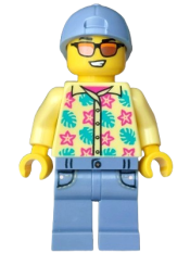 LEGO Streetcar Passenger - Male, Bright Light Yellow Shirt with Flowers and Leaves, Sand Blue Legs with Pockets and Cap set