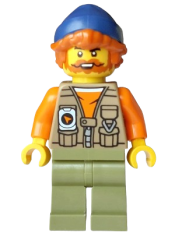 LEGO Fisherman - Dark Tan Vest over Orange Shirt, Olive Green Legs, Dark Blue Beanie, Dark Orange Hair set