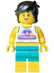 LEGO Surfer - Female, White Tank Top Cropped, Dark Turquoise Shorts, Black Hair Short Tousled set