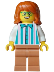 LEGO Ice Cream Vendor - Female, White Shirt with Dark Turquoise Stripes, Medium Nougat Legs, Dark Orange Hair, Green Glasses set