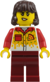 LEGO Pizza Delivery Driver - Female, Dark Red Legs, Dark Brown Hair Mid-Length set
