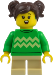 LEGO Child - Girl, Bright Green Sweater with Bright Light Yellow Zigzag Lines, Hearing Aid, Tan Short Legs, Dark Brown Hair with Pigtails set